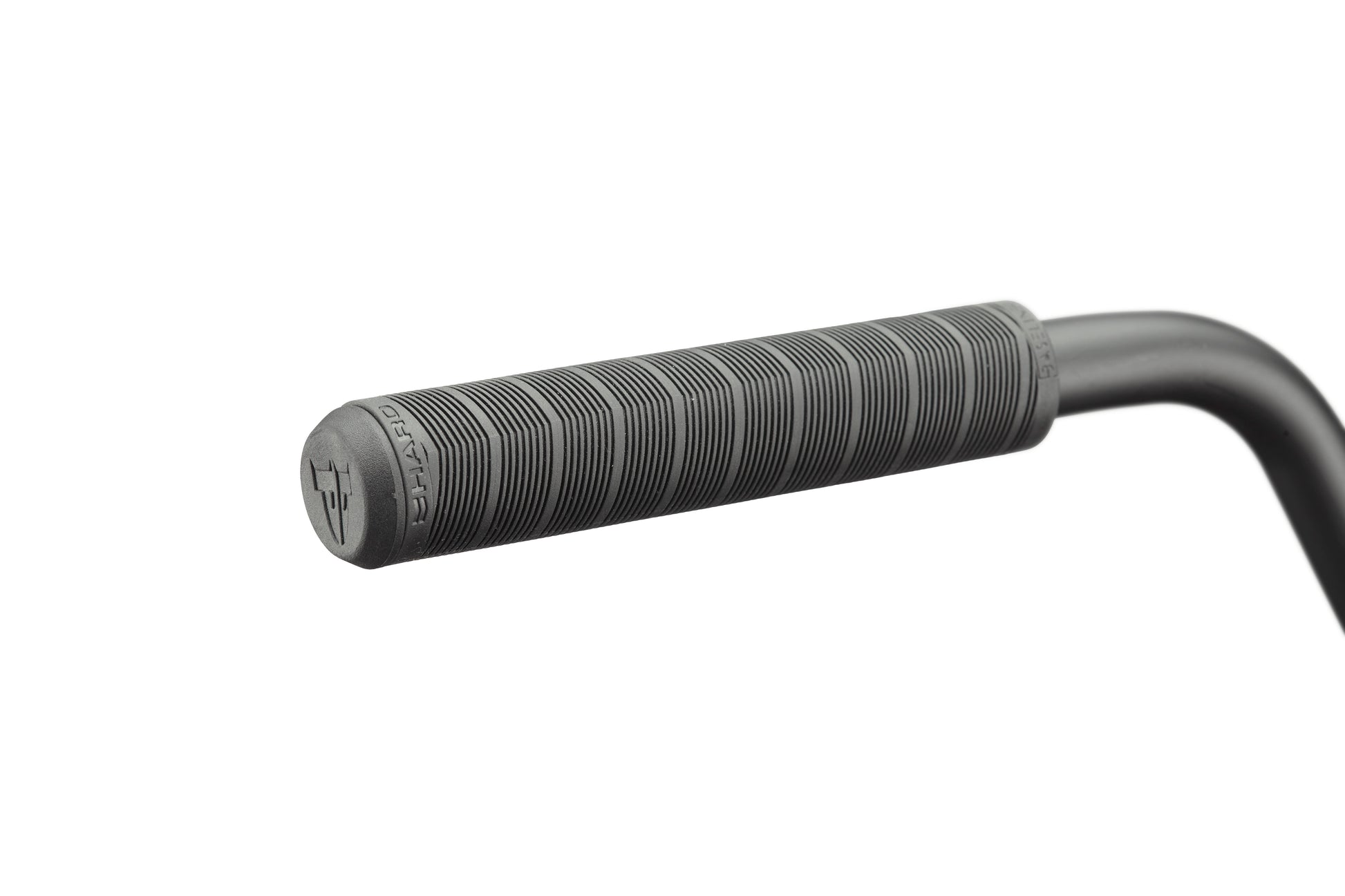 Close-up of a black Burgess handlebar grip with textured lines, ideal for high-level cycling.