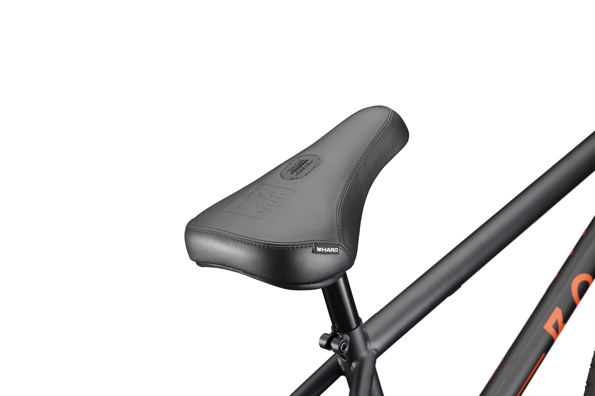 Close-up of a black bicycle seat on the Burgess frame, ideal for advanced riding, shown against a white background.