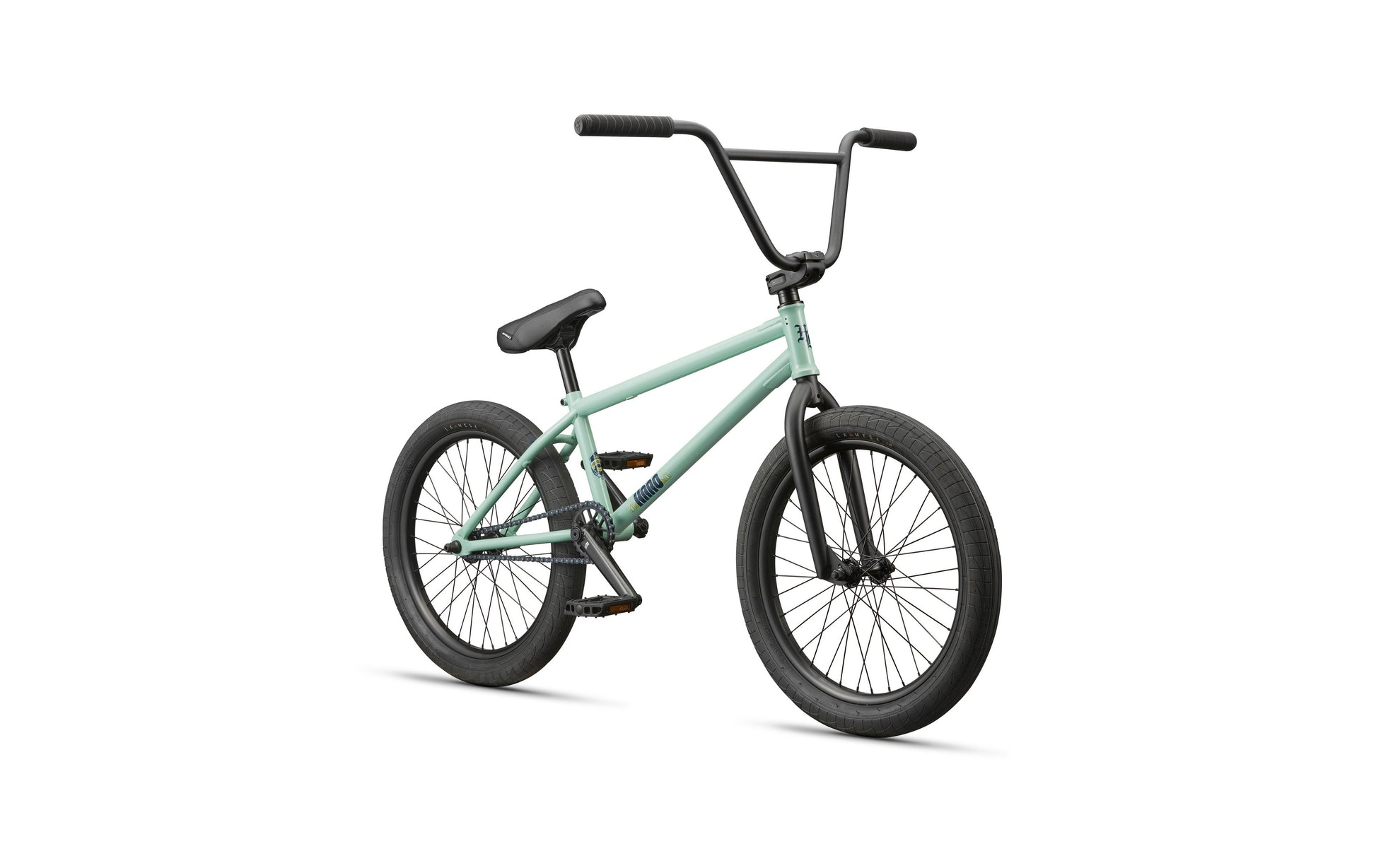 A mint green Burgess BMX bike with black handlebars, seat, and wheels on a white background.