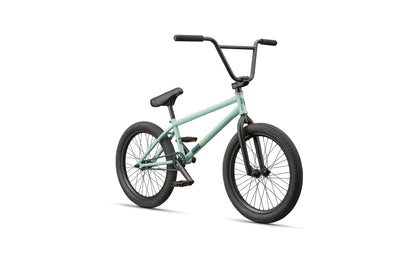 A mint green Burgess BMX bike with black handlebars, seat, and wheels on a white background.