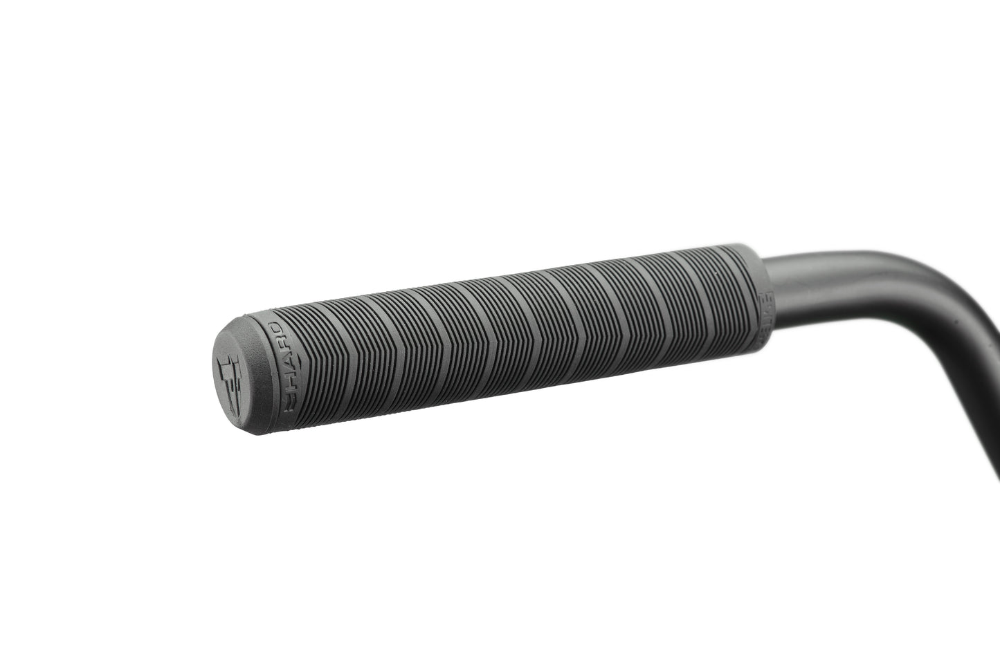 Close-up of a black Burgess handlebar grip with textured lines, ideal for intense riding, shown on a white background.