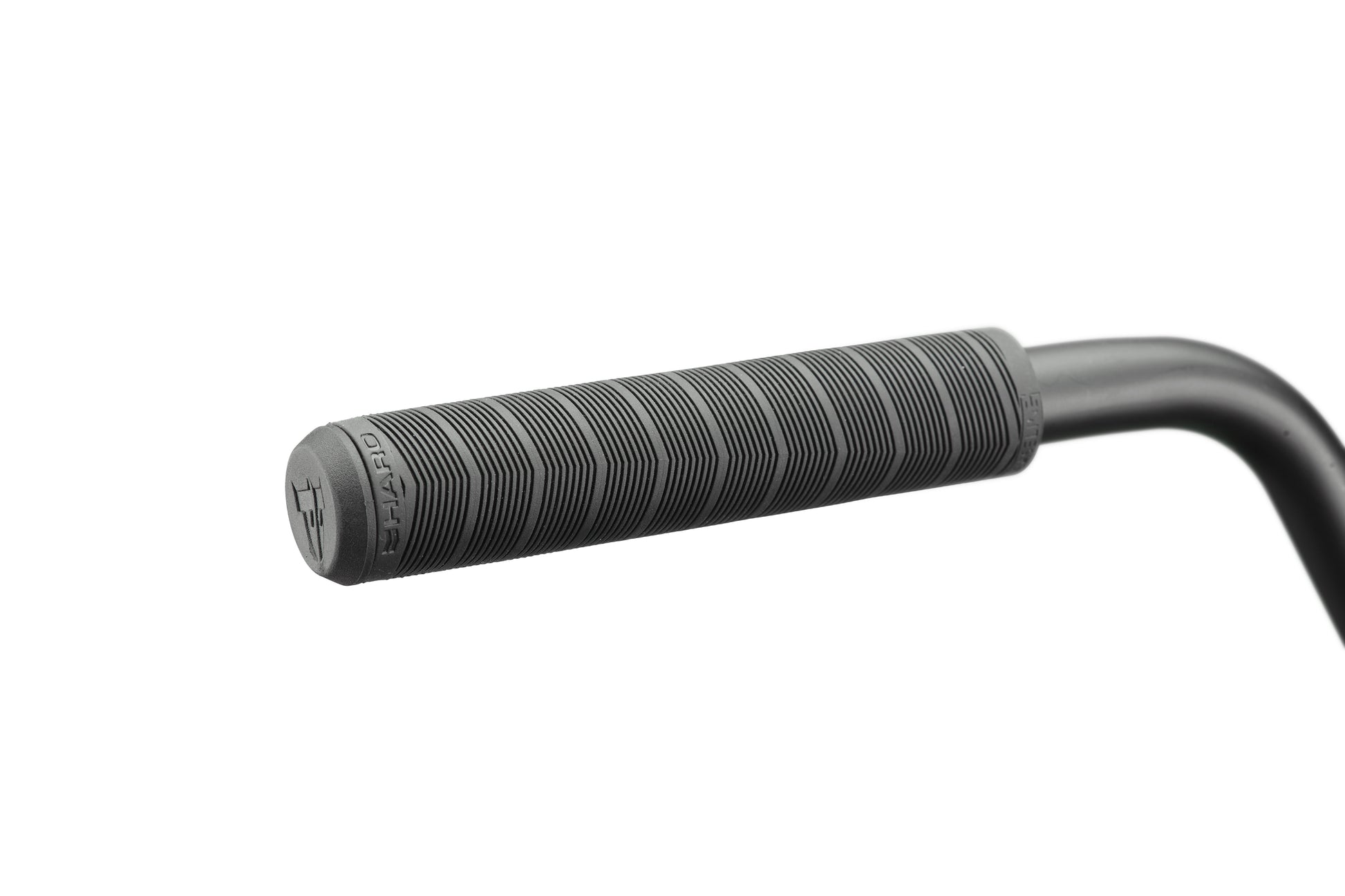 Close-up of a black Burgess handlebar grip with textured lines, ideal for intense riding, shown on a white background.