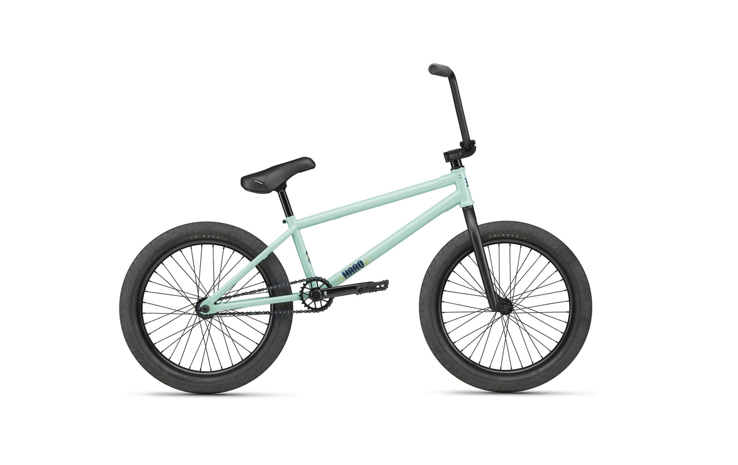 A light blue Burgess BMX bike with black handlebars, seat, pedals, and tires, shown from the side on a white background.