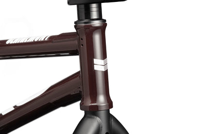 Close-up of the Clairemont head tube with a white geometric logo, showcasing this competition-ready park BMX bike.