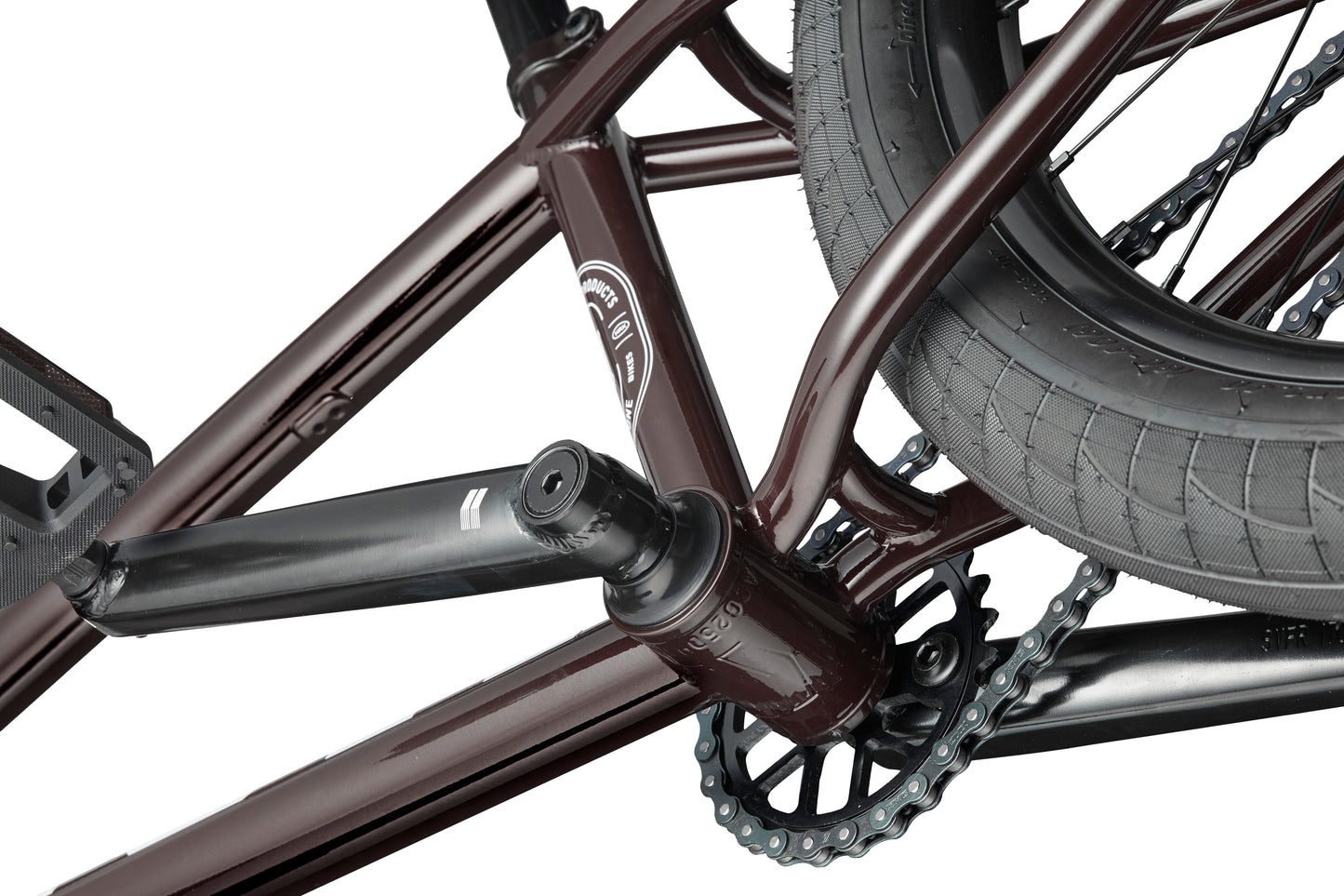 Close-up of the Clairemont crankset, chain, and rear wheel, showcasing this competition-ready park BMX bike on a white background.