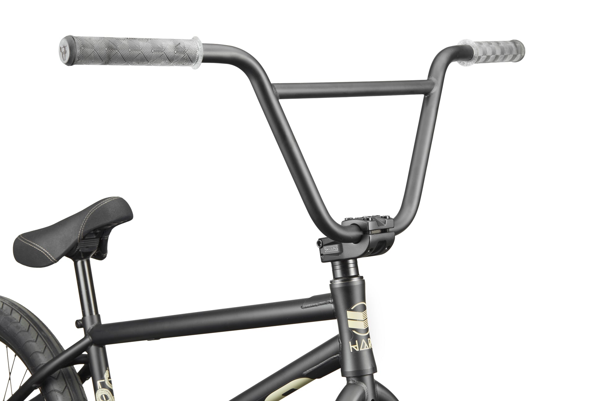 Close-up of a black Dana street bike showing the seat, frame, and wide handlebars against a white background.