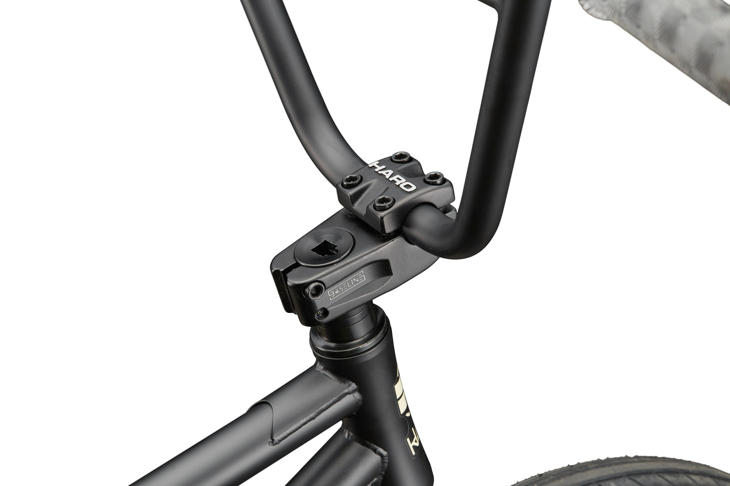 Close-up of a black Dana street bike handlebar and stem, highlighting Dana branding and pro-level performance details.
