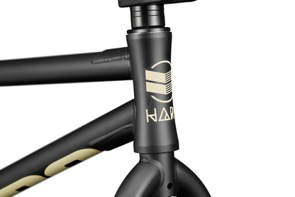 Close-up of the Dana matte black frame with cream logo and pro-level street geometry on the head tube.