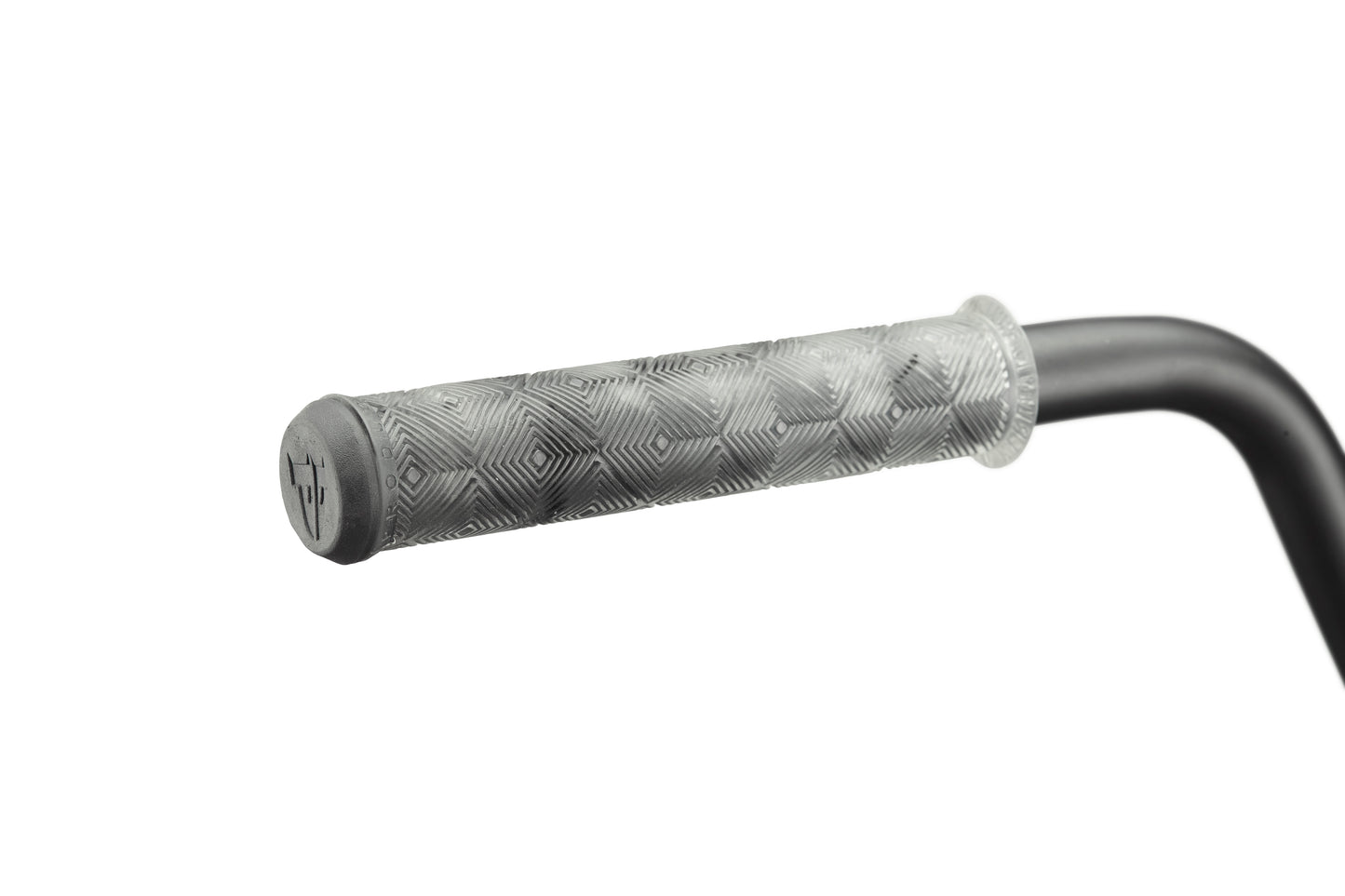 Close-up of Dana's black handlebar with a geometric-textured gray grip, designed for pro-level performance.