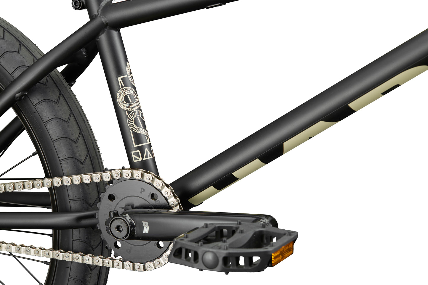 Close-up of Dana street bike's frame, chain, pedal, and rear wheel with custom colors and decorative graphics.