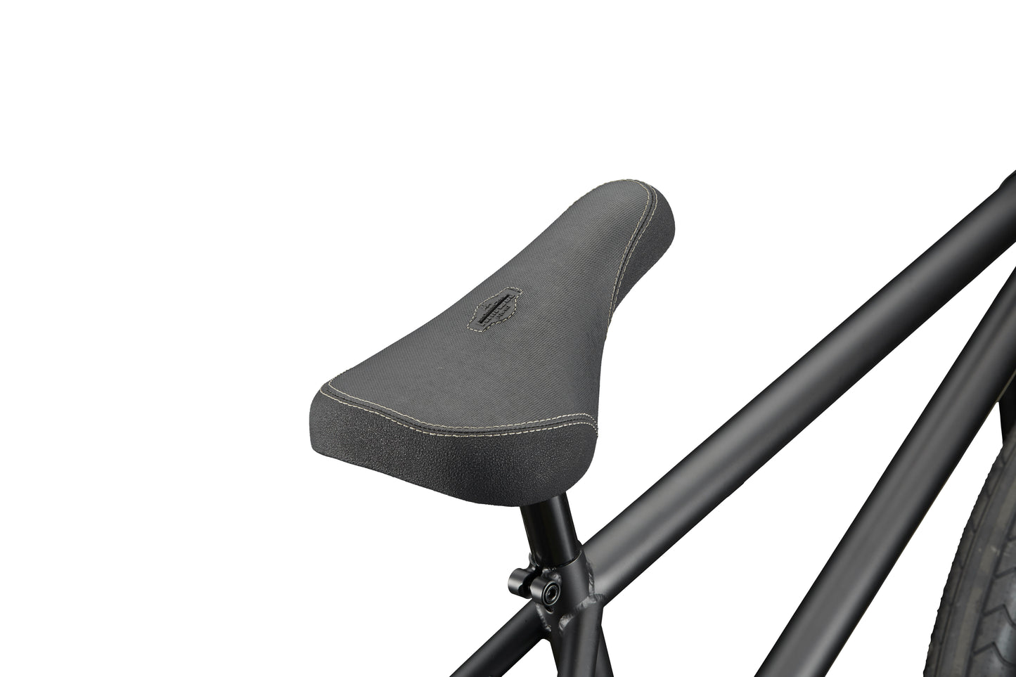 Close-up of a black Dana bicycle seat and frame with Haro geometry, set against a white background.