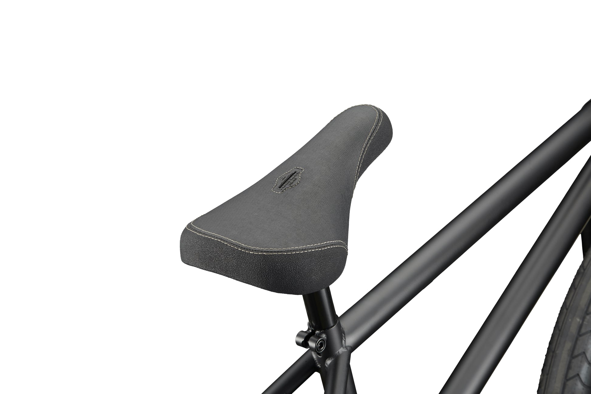 Close-up of a black Dana bicycle seat and frame with Haro geometry, set against a white background.