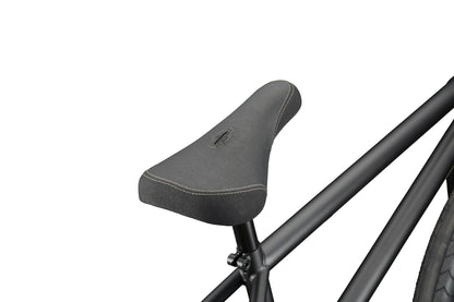 Close-up of a black Dana bicycle seat and frame with Haro geometry, set against a white background.