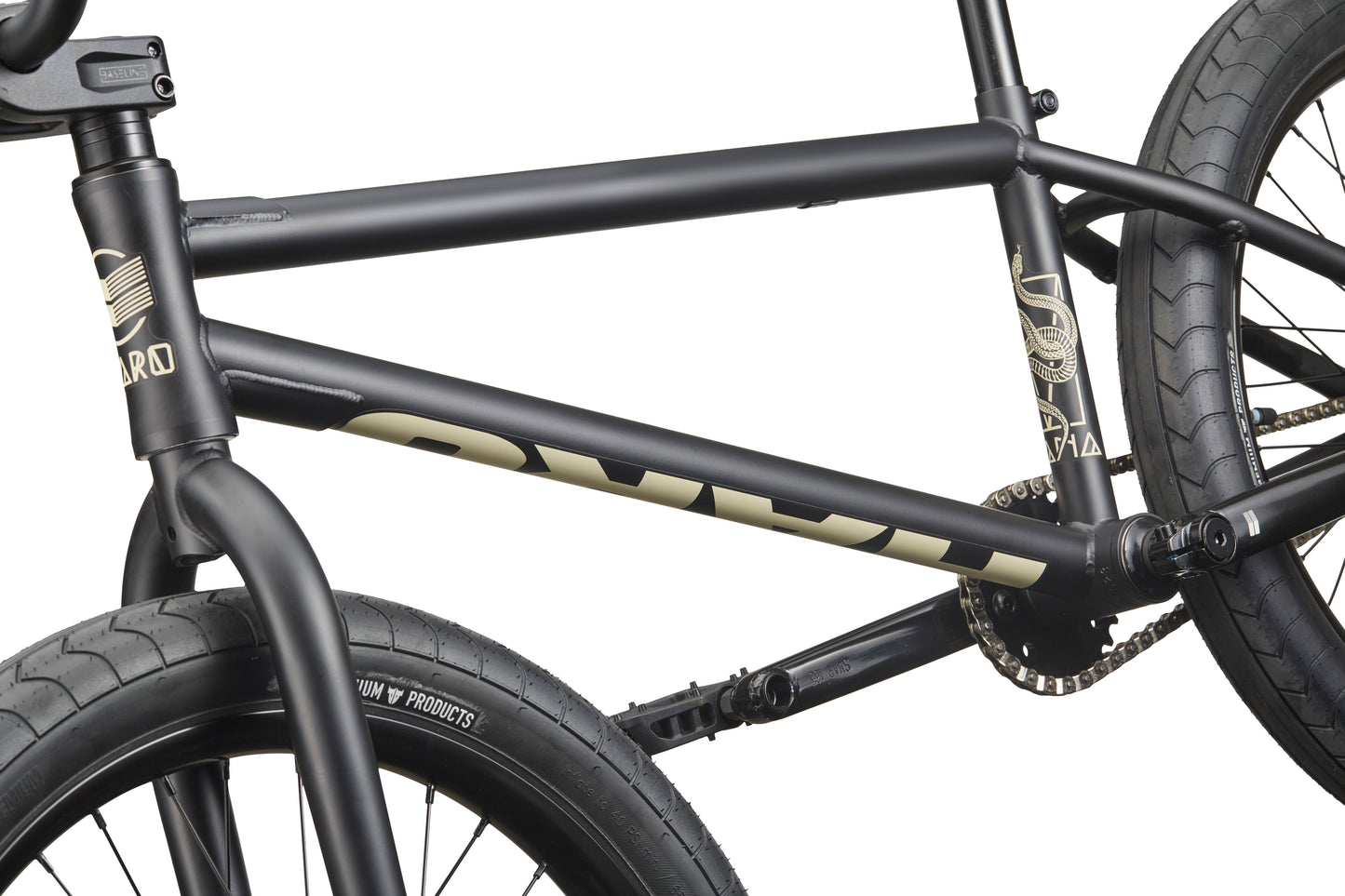 Close-up of Dana, a matte black BMX frame with beige graphics, built for pro-level street riding and signature Haro geometry.