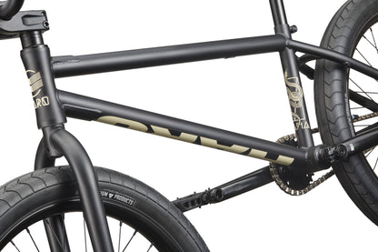 Close-up of Dana, a matte black BMX frame with beige graphics, built for pro-level street riding and signature Haro geometry.