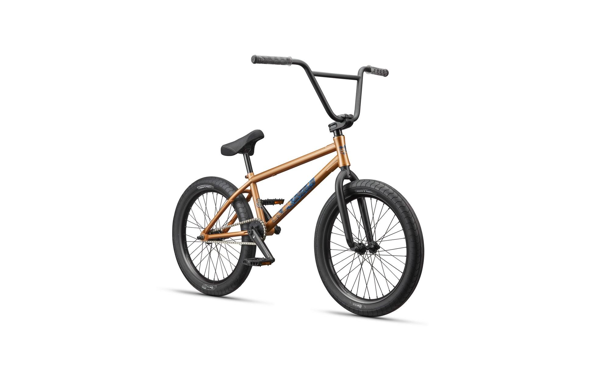 The Haro Dana BMX is a bronze street bike with black tires, seat, and handlebars for pro-level riding, shown on a white background.