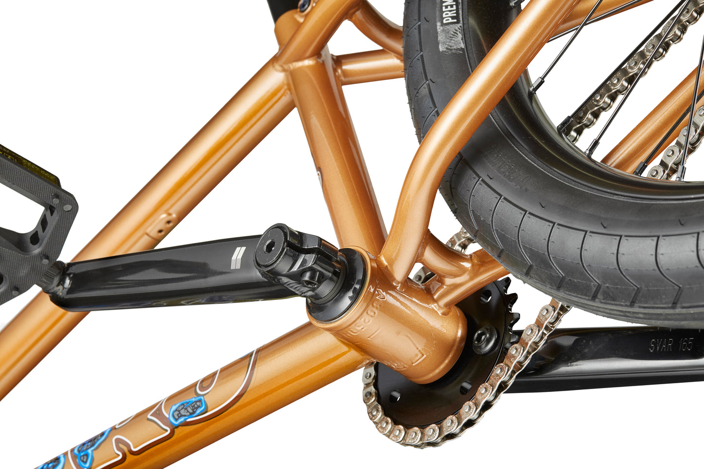 Close-up of Dana’s crankset and rear wheel, built for pro-level street performance and bold BMX style.