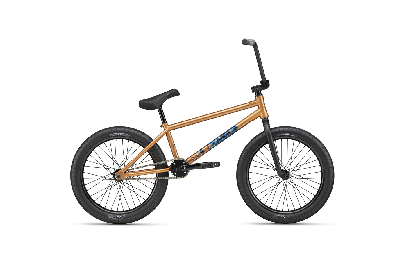 Dana gold BMX bike with black tires, straight handlebars, and Haro geometry for pro street riding; side view on white.
