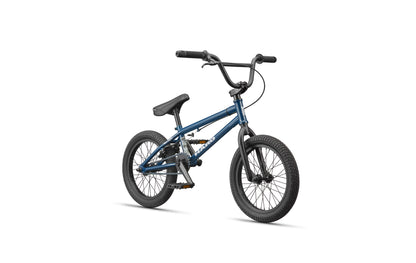 Downtown 16 BMX bike, blue with black tires, seat, and handlebars—great first bike. Shown on white background.