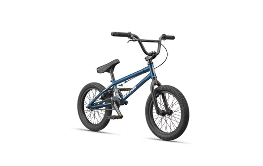 Downtown 16 BMX bike, blue with black tires, seat, and handlebars—great first bike. Shown on white background.