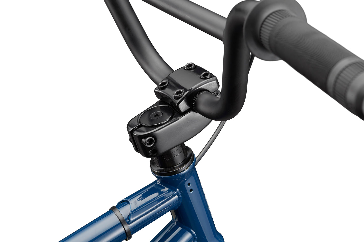 Close-up of Downtown 16 BMX bicycle’s blue handlebars and stem in front of a white background.