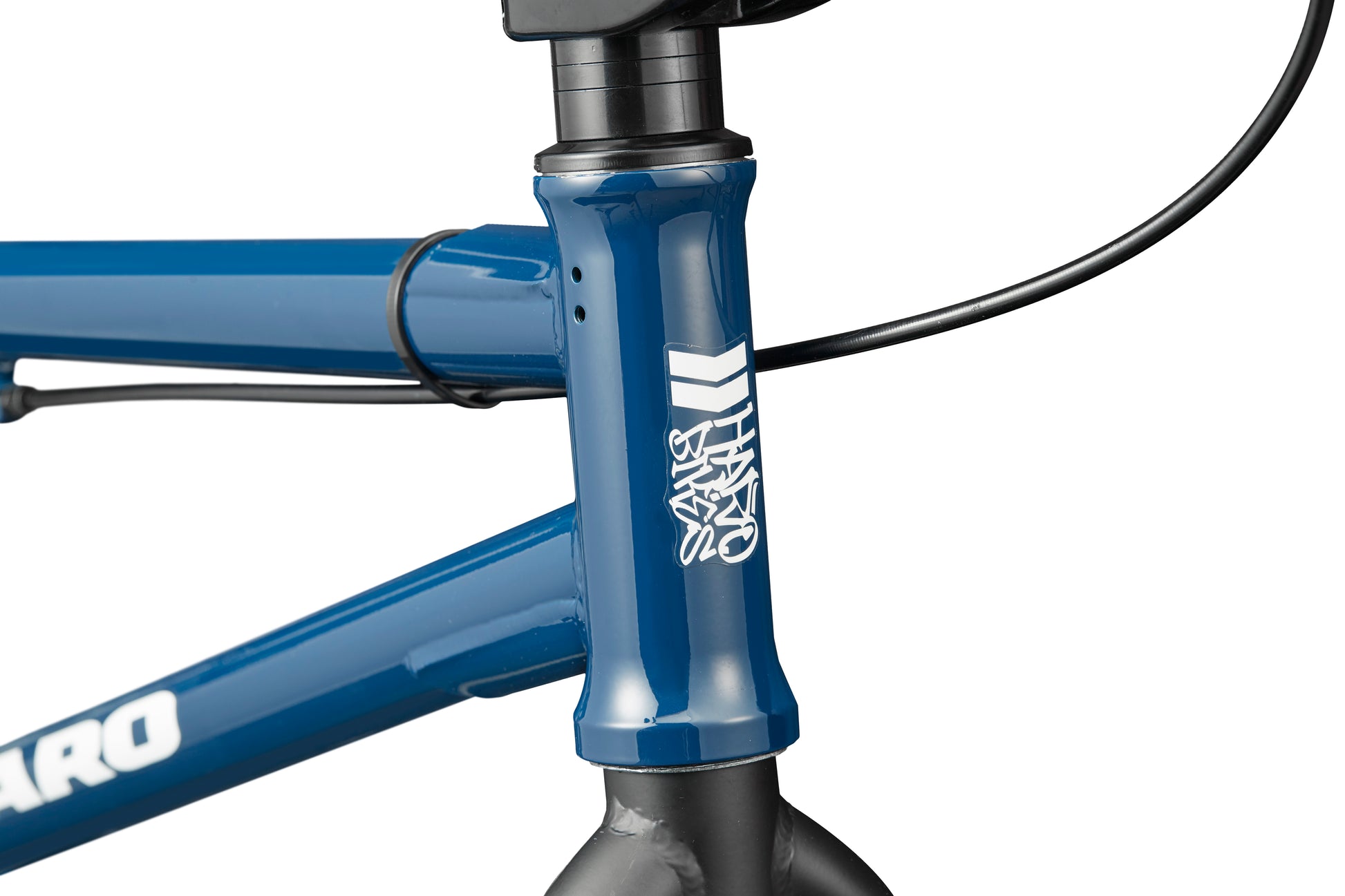Close-up of a blue Downtown 16 BMX bike frame with white logo, ideal for young riders choosing their first bike.