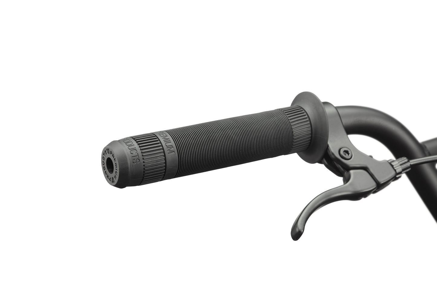 Close-up of a black BMX handlebar with textured grip and brake lever, ideal for your first Downtown 16 bike.