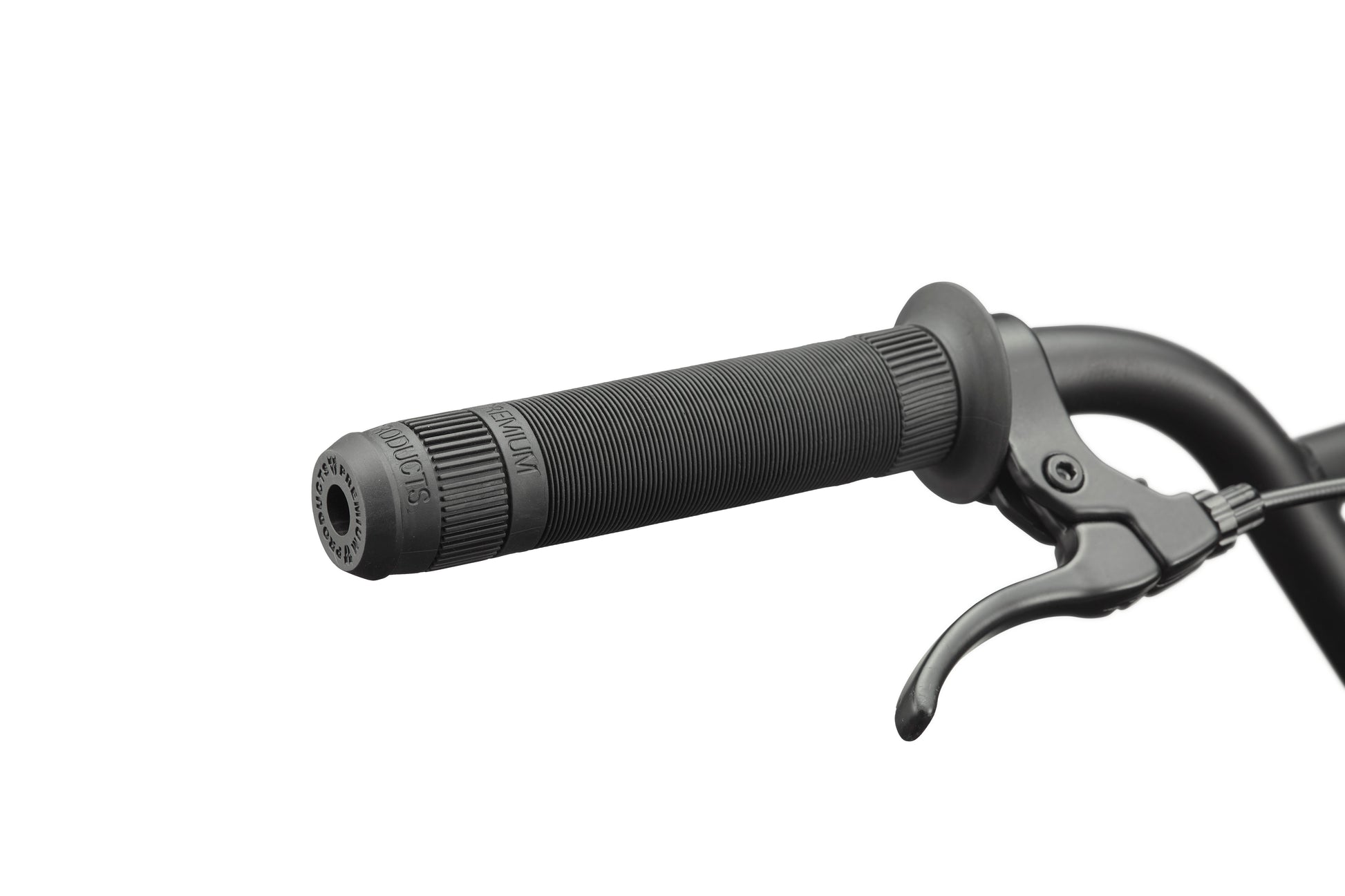 Close-up of a black BMX handlebar with textured grip and brake lever, ideal for your first Downtown 16 bike.
