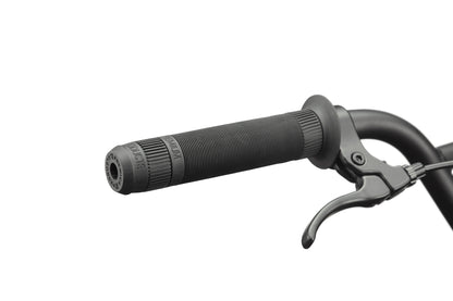 Close-up of a black BMX handlebar with textured grip and brake lever, ideal for your first Downtown 16 bike.