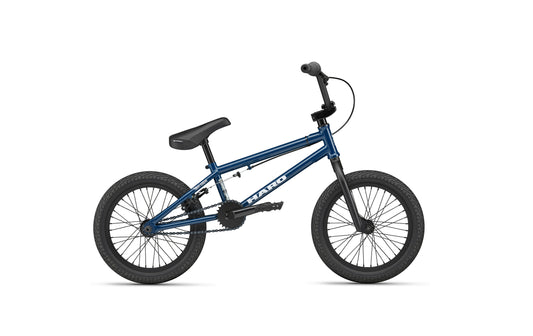 The Downtown 16 is a blue BMX-style bike with black tires and seat, ideal as a first bike, shown on a white background.