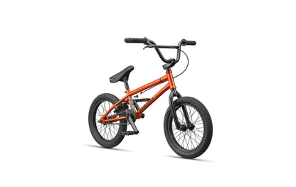 The Downtown 16 BMX bike features black handlebars and seat, shown angled on white—ideal as a first bike.