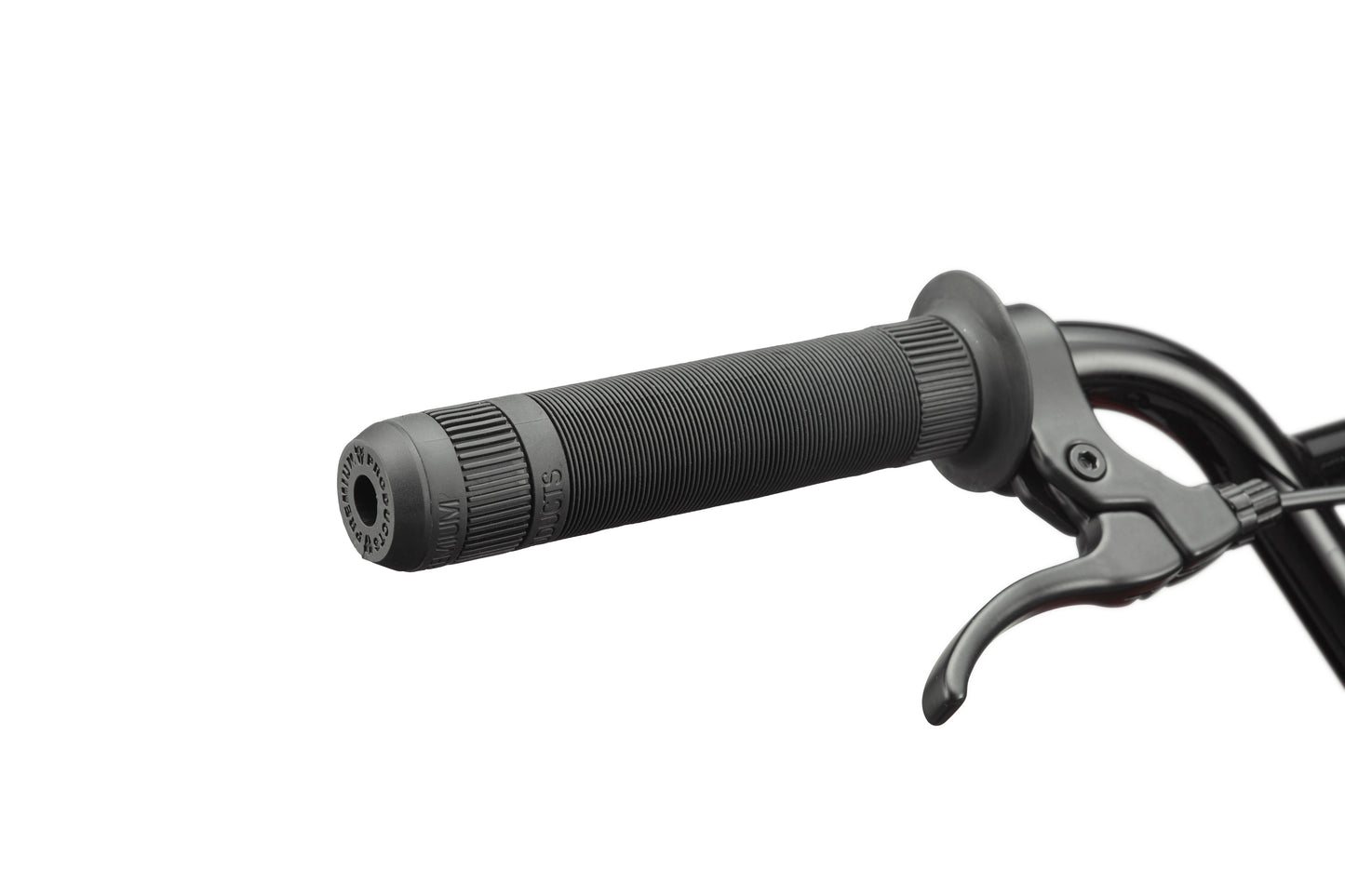 Close-up of the Downtown 16 BMX handlebar featuring a textured rubber grip and metal brake lever on a white background.