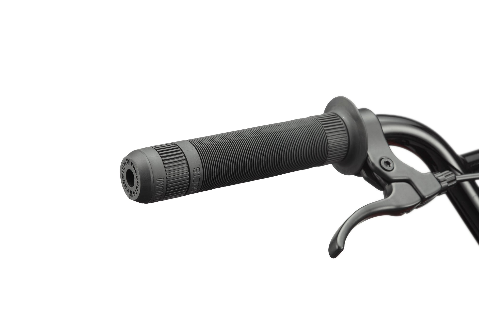 Close-up of the Downtown 16 BMX handlebar featuring a textured rubber grip and metal brake lever on a white background.