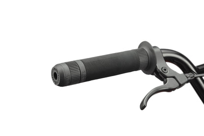 Close-up of the Downtown 16 BMX handlebar featuring a textured rubber grip and metal brake lever on a white background.