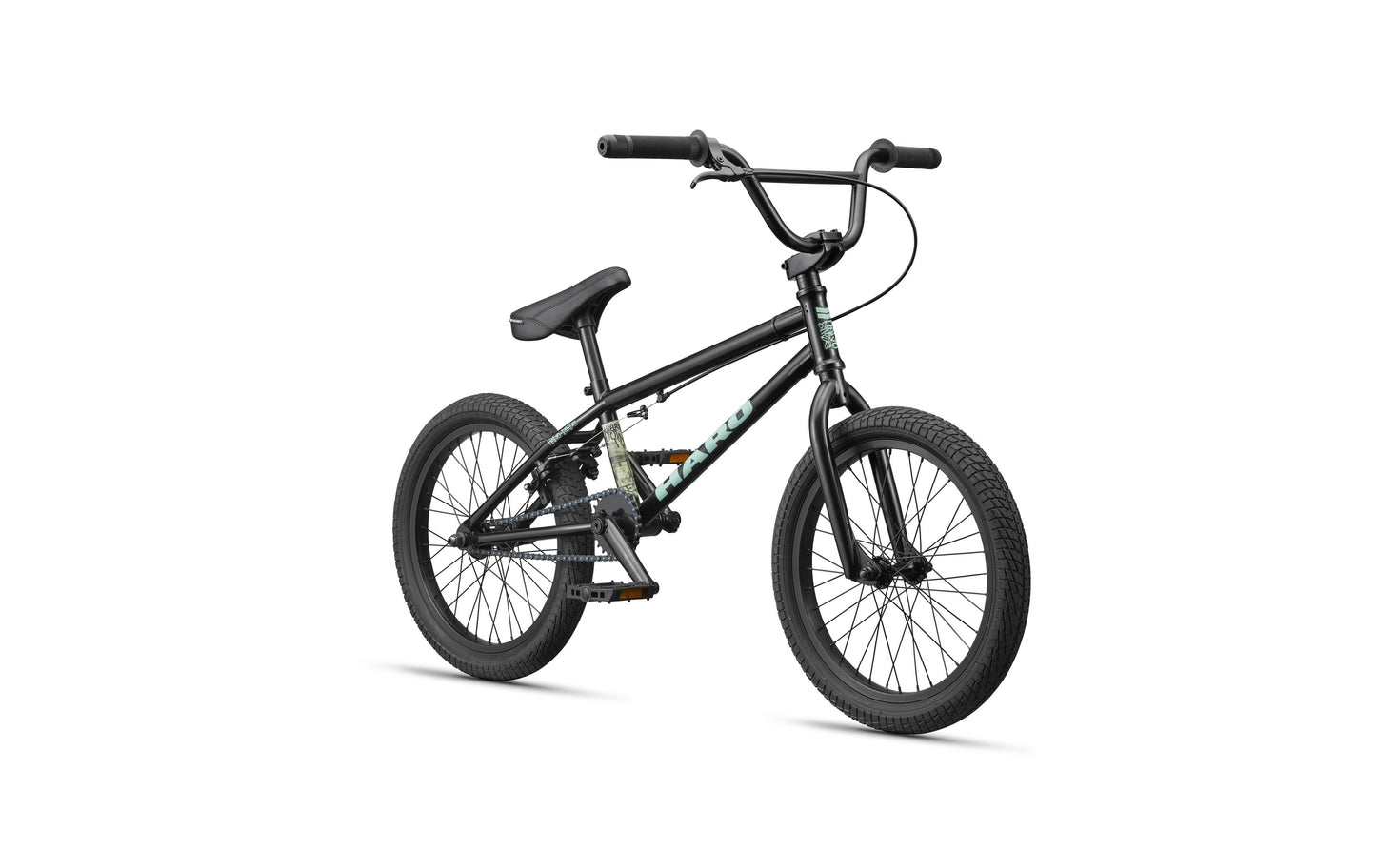 Downtown 18 Haro BMX bike with thick tires, compact frame, and straight bars—great for smaller riders, shown on white background.