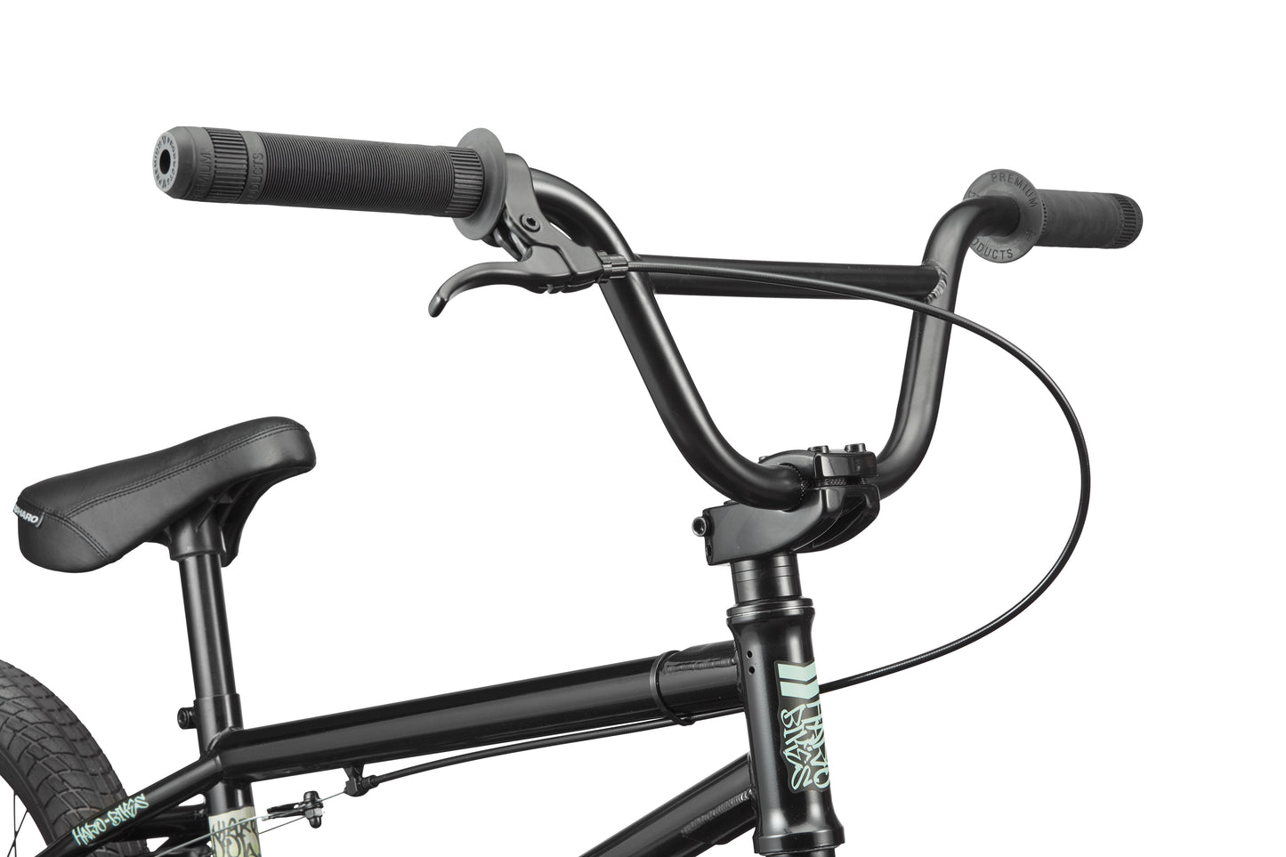 Downtown 18 BMX bike in black, featuring close-up of handlebars, brake lever & seat—ideal for smaller riders.
