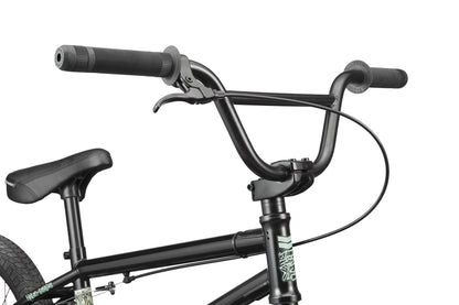 Downtown 18 BMX bike in black, featuring close-up of handlebars, brake lever & seat—ideal for smaller riders.