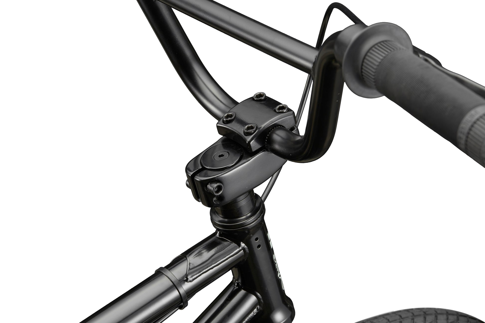 Close-up of Downtown 18 BMX handlebars, stem, and front tire—perfect setup for small riders—against a white background.