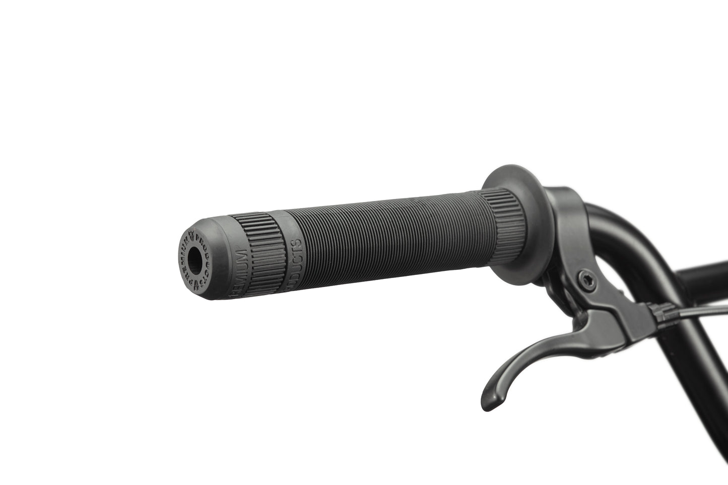 Close-up of a Downtown 18 BMX handlebar with a textured black rubber grip and brake lever, ideal for young riders, on white background.