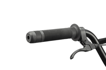 Close-up of a Downtown 18 BMX handlebar with a textured black rubber grip and brake lever, ideal for young riders, on white background.