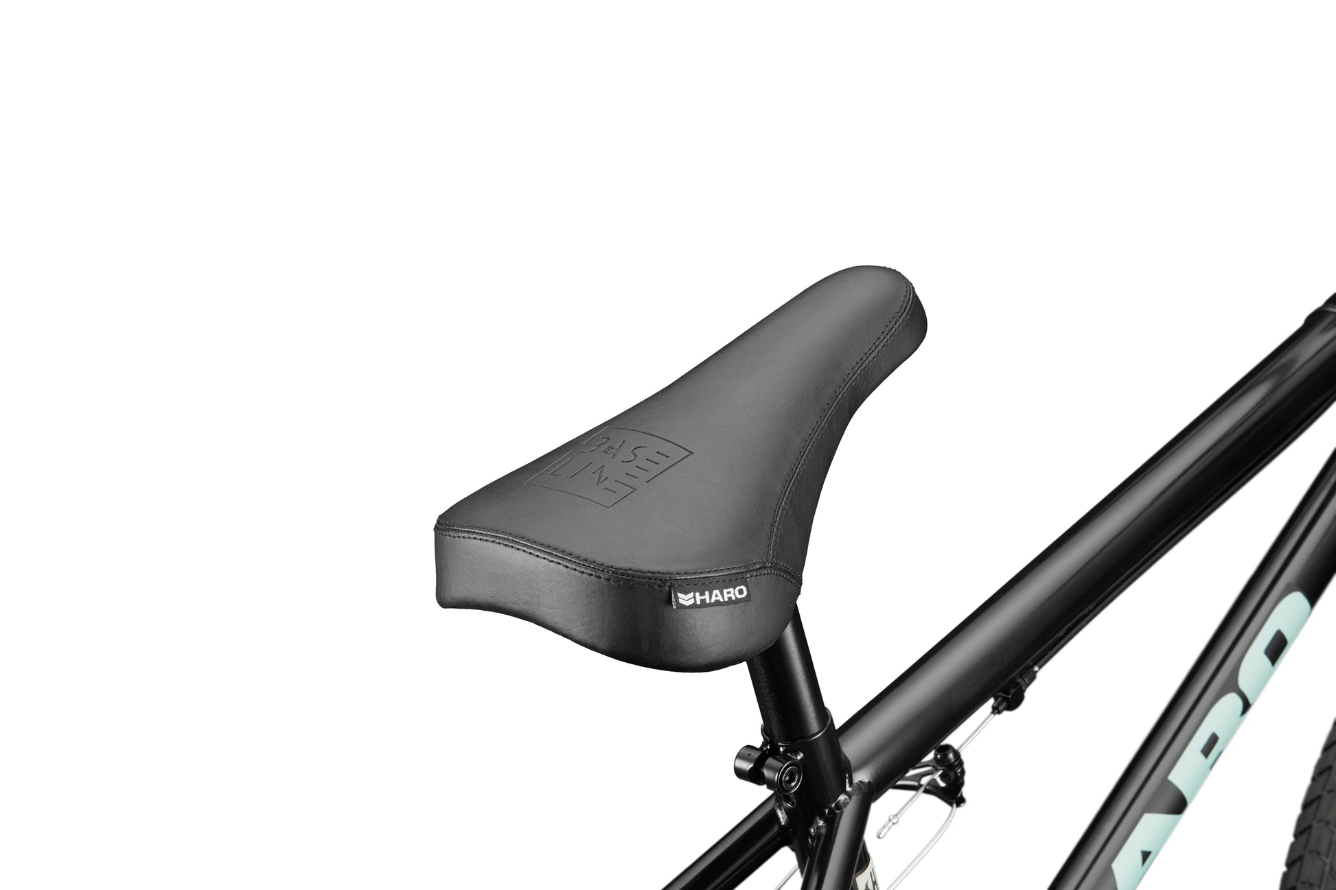 Close-up of a black Downtown 18 bicycle seat and frame, ideal for small riders, against a white background.