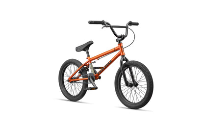 Downtown 18 orange Haro BMX bike with black handlebars, seat, and tires, ideal for small riders, shown on a white background.