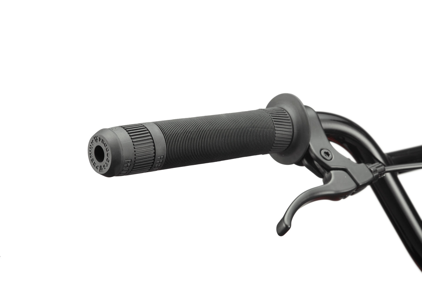 Close-up of a black Downtown 18 BMX handlebar with a rubber grip and brake lever against a white background.