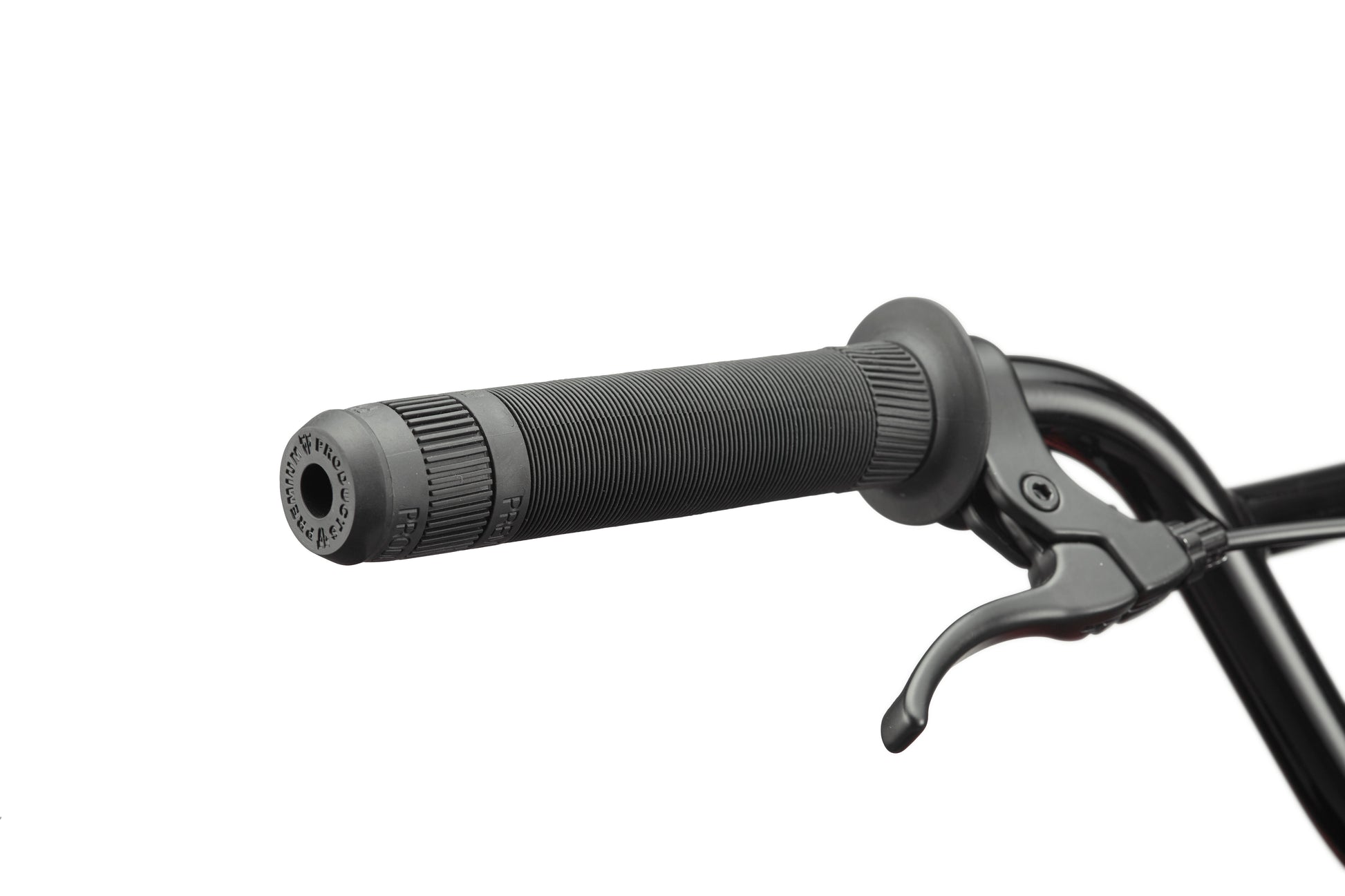 Close-up of a black Downtown 18 BMX handlebar with a rubber grip and brake lever against a white background.