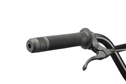 Close-up of a black Downtown 18 BMX handlebar with a rubber grip and brake lever against a white background.