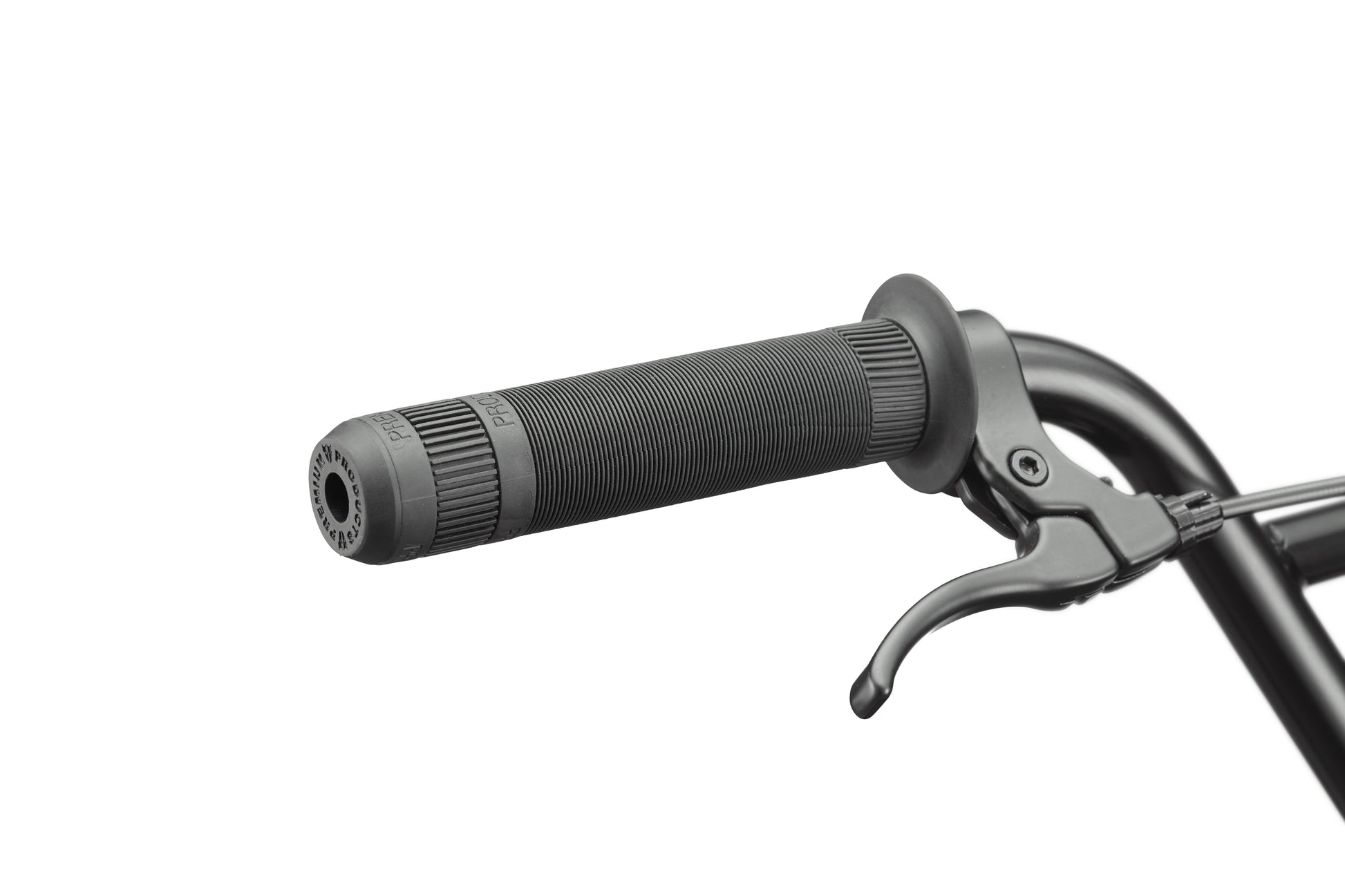Close-up of a Downtown 20 BMX handlebar with textured black grip and brake lever—ideal for entry level riders.