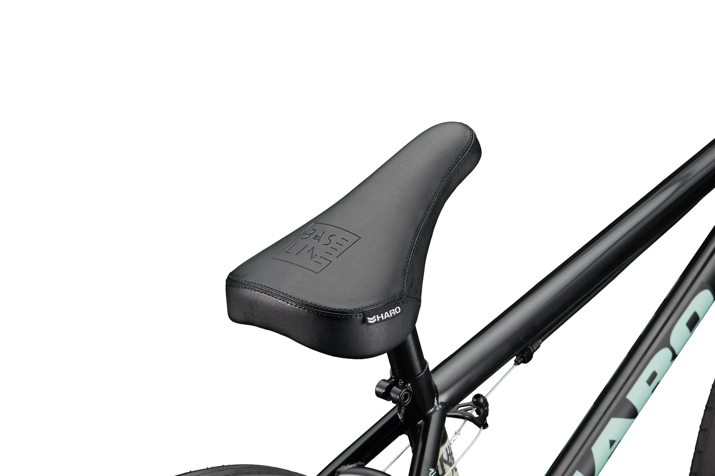 Close-up of the Downtown 20 BMX black seat on a black frame, shown on white—ideal for entry-level riders.