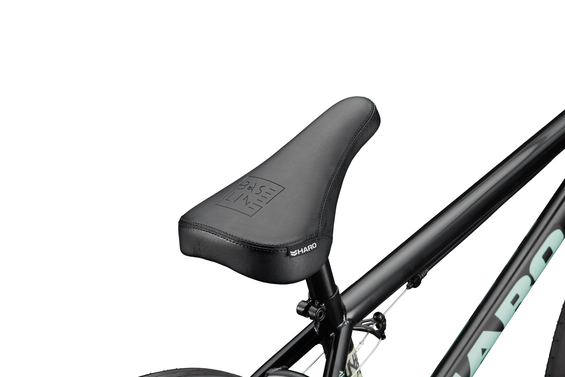 Close-up of the Downtown 20 BMX black seat on a black frame, shown on white—ideal for entry-level riders.
