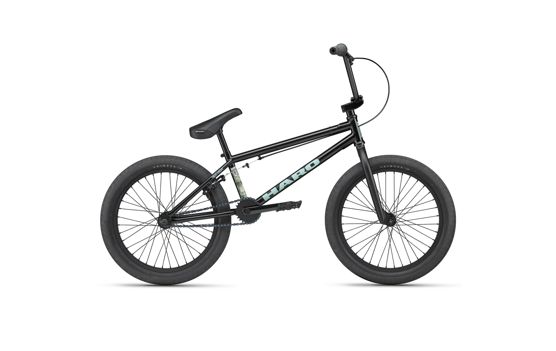 The Haro Downtown 20 BMX bike with thick tires and a straight handlebar is shown against a white background.