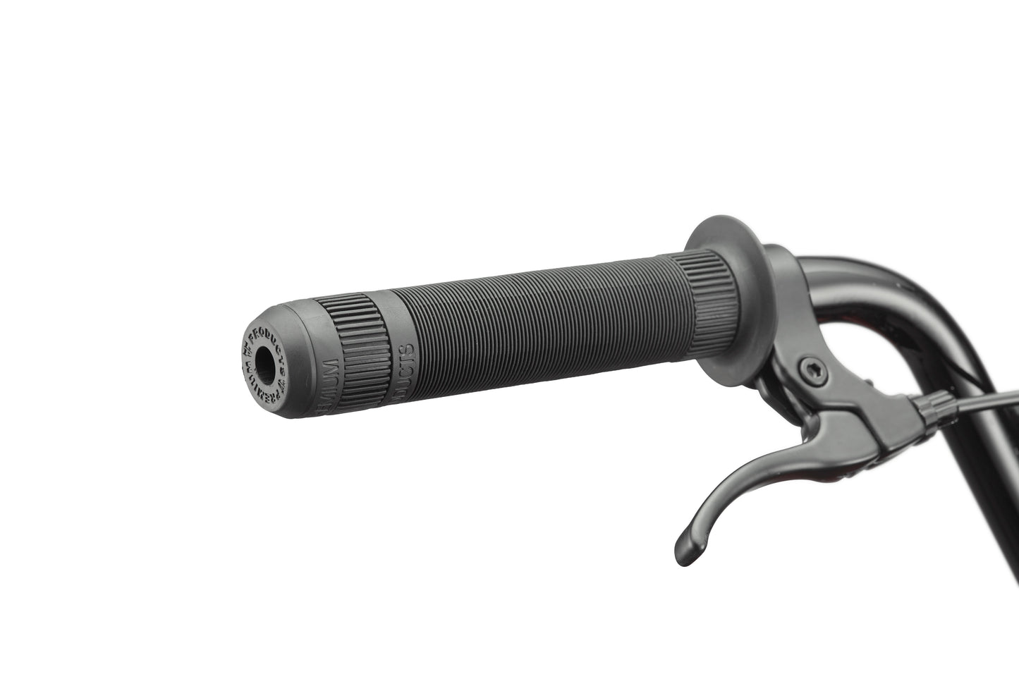 Close-up of a Haro Downtown 20 BMX handlebar with textured grip and brake lever against a white background.